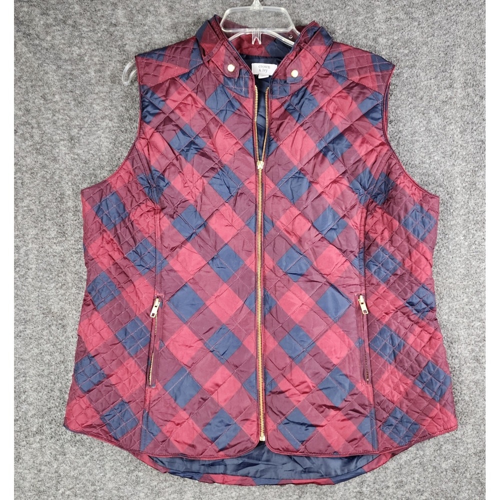 Crown & Ivy Quilted Vest Women XL Burgundy Navy Buffalo Plaid Gold Zip
